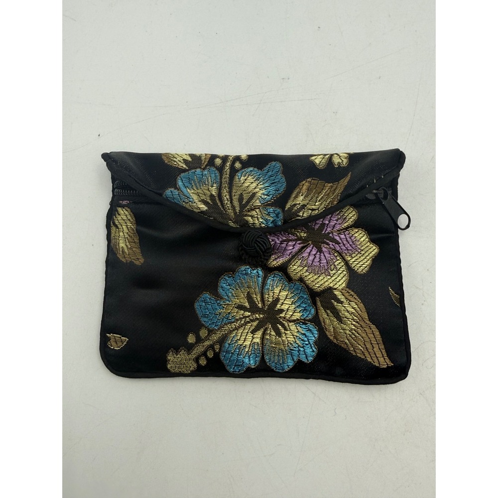 Honora Black Satin Floral Embroidered Jewelry Travel Pouch Zippered Case Bag